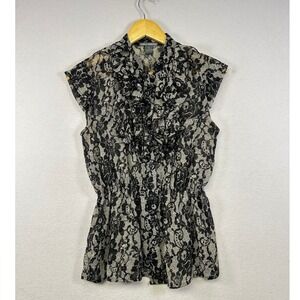 Isabella Rodriguez Black Lace Ruffle Cap Sleeve Top Womens Size S